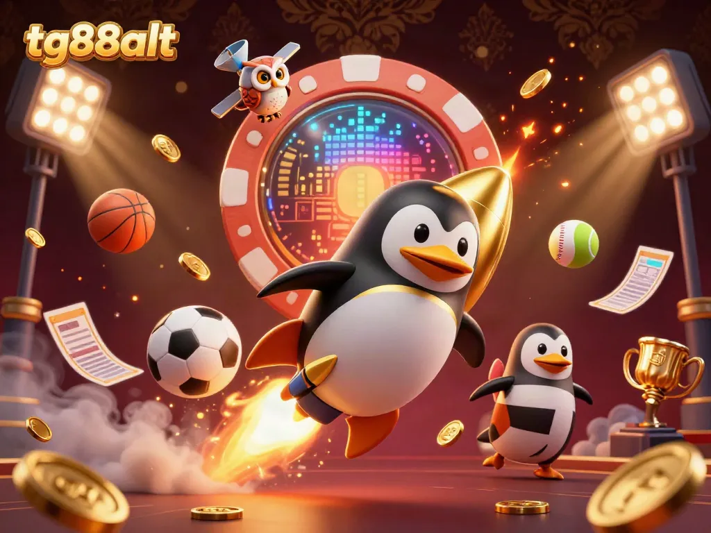 Experience thrilling gaming action with tg88alt as a golden penguin blasts towards a casino chip-shaped station.