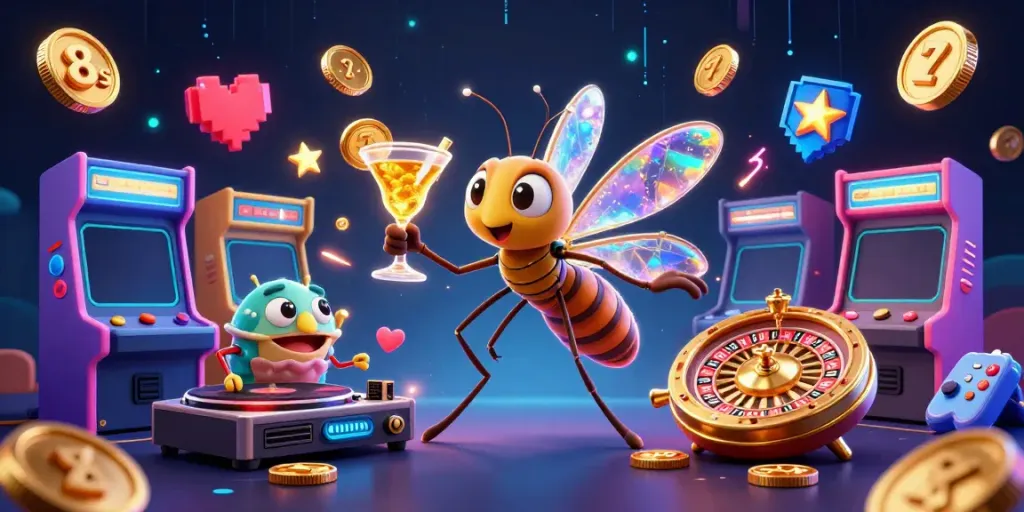 Experience thrilling moments at 8s casino with a vibrant illustration featuring lively game characters and elements.