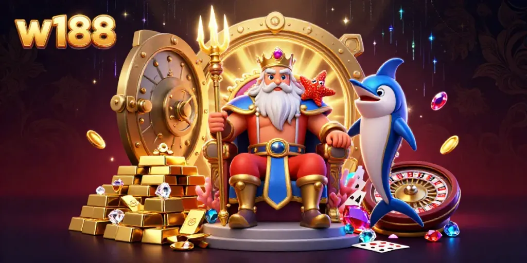 w188 casino illustration featuring Neptune, treasure vault, and gaming elements.