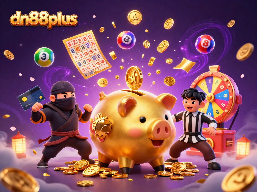 Win big with dn88plus as a piggy bank sumo wrestles coins while colorful lottery balls fly!