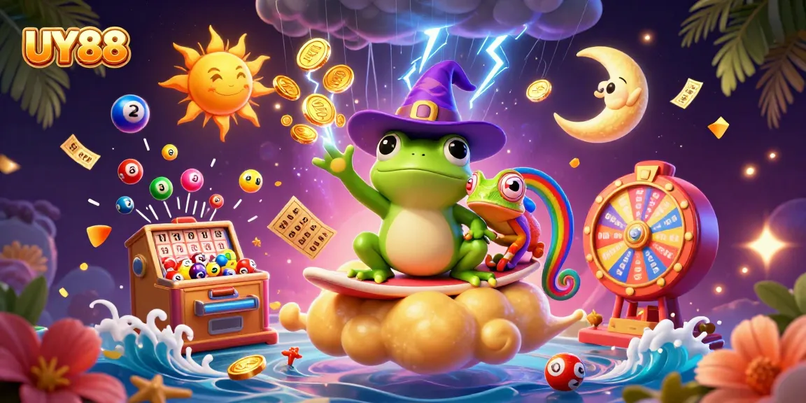 Experience thrilling wins at UY88 with vibrant lottery games and dynamic elements illustrated in 3D.
