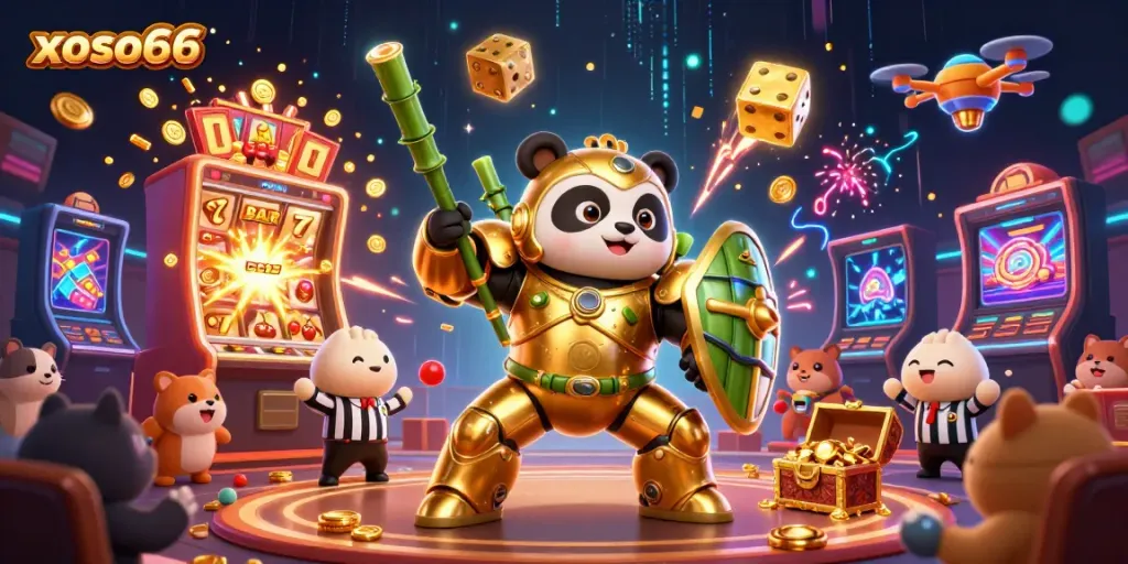 Experience the excitement of xoso66 with a golden panda battling in a vibrant casino scene full of slot machine action.