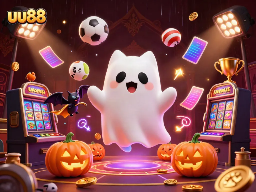 uu88 features a ghost cat and bat in a casino setting, showcasing thrilling gaming action.