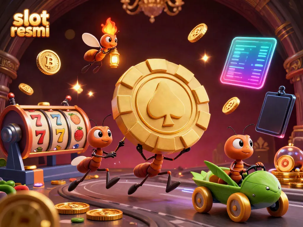 Engaging artwork depicting ants transporting a golden poker chip in a heist scene with vibrant casino elements, showcasing slot resmi.