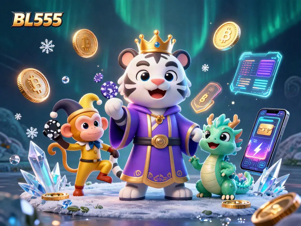 Experience thrilling adventures with BL555 in this vibrant 3D casino scene featuring engaging characters and dynamic game elements.