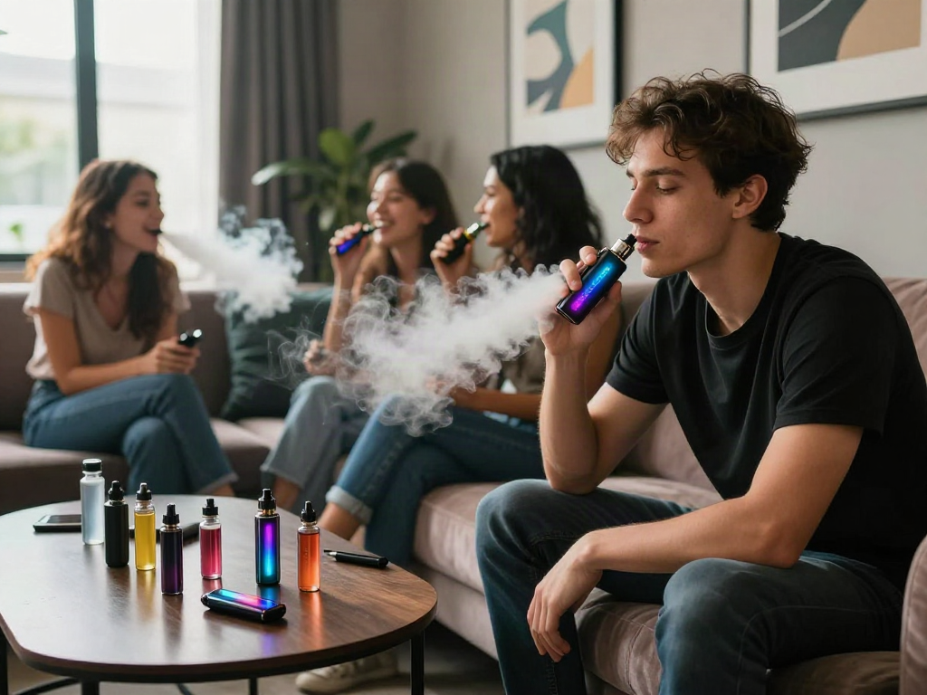 Young adult enjoying raz vape in a modern lounge atmosphere with friends and accessories.