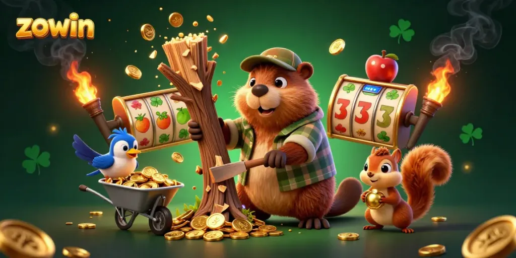 Zowin game scene with a beaver and friends collecting coins from a tree, with vibrant slot elements.