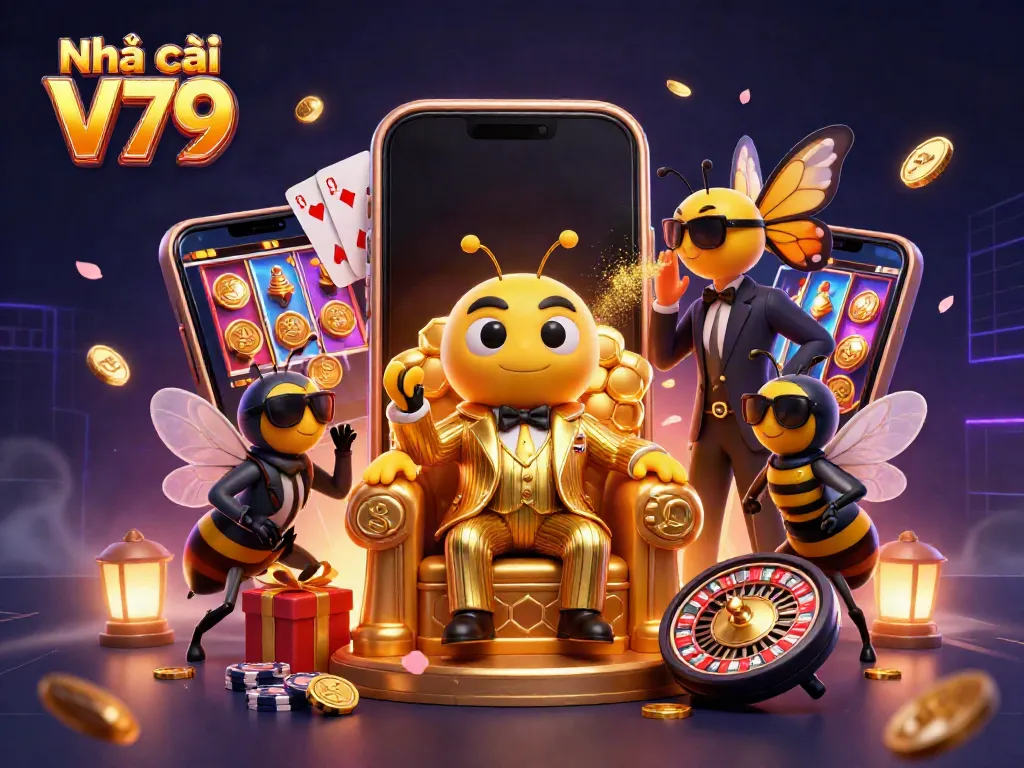 Experience the excitement of Nhà cái V79 with captivating characters in a rich casino-themed scene.