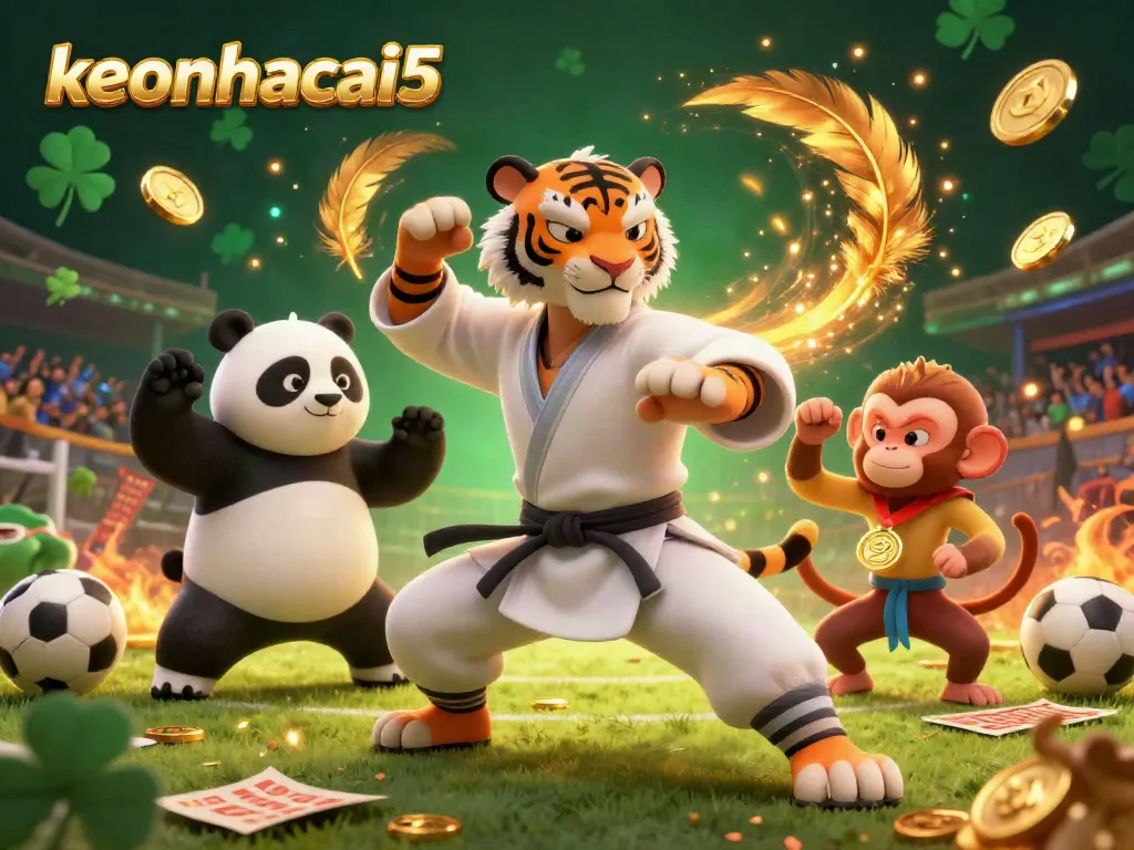 Experience sports betting action with keonhacai5 featuring a kung fu tiger, panda, and monkey in a vibrant stadium scene.