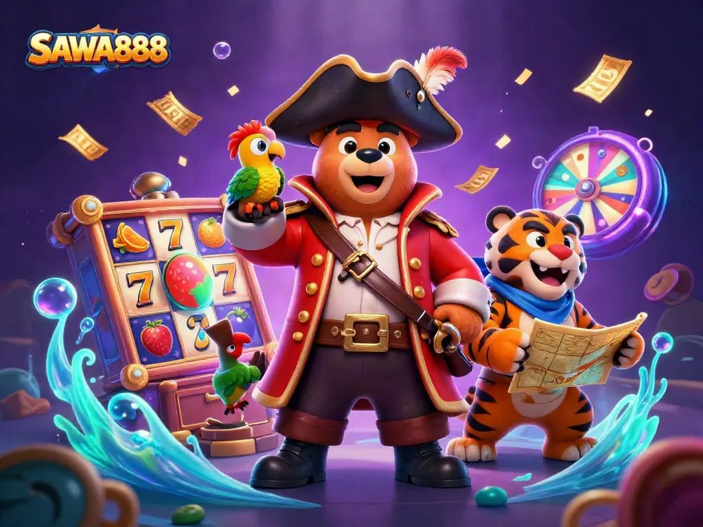 Engage with SAWA888 in a vibrant casino adventure filled with colorful slot reels and dynamic characters.