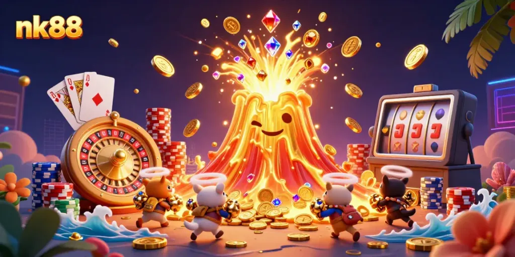 Experience the thrill of nk88 with an eruption of treasures in this engaging 3D casino scene featuring a golden volcano!