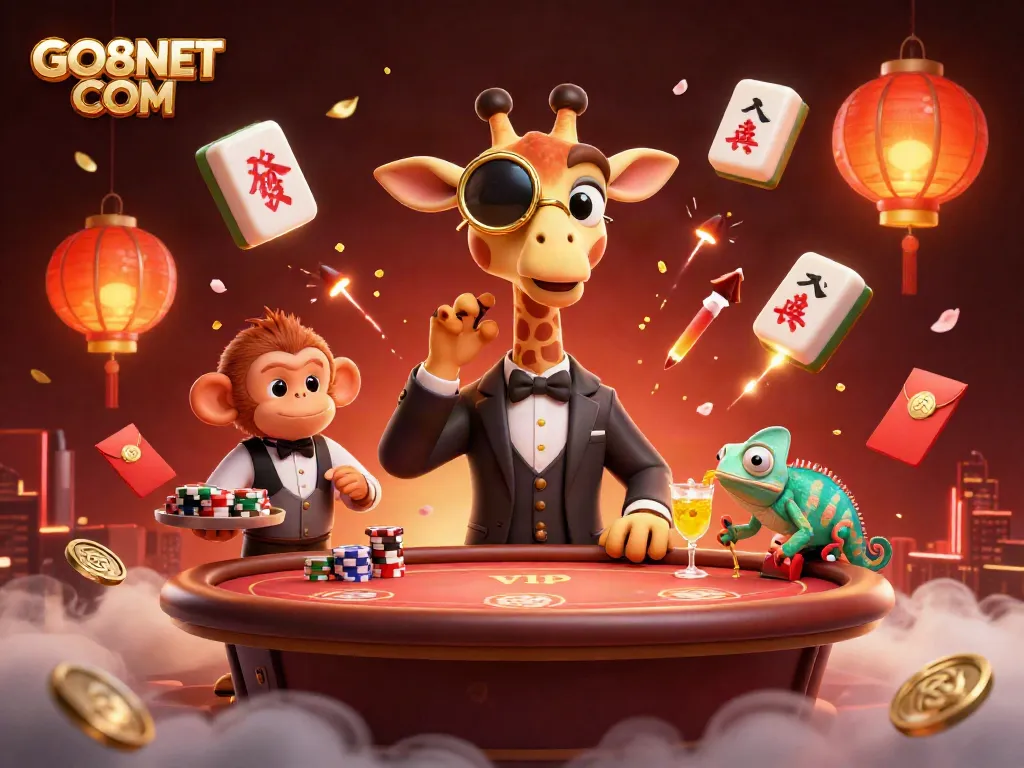 Experience the exciting world of GO8NET COM with high rollers at poker tables and vibrant casino elements.