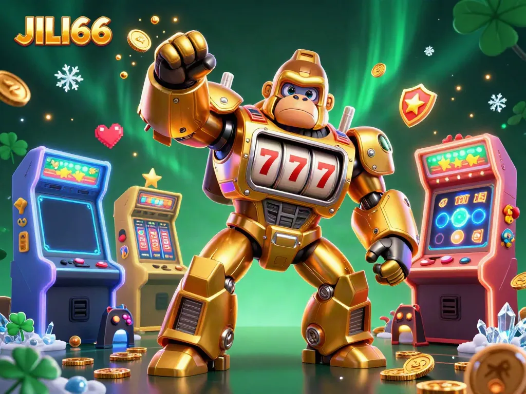 Experience the excitement of JILI66 with a 3D golden gorilla mech and vibrant casino elements.