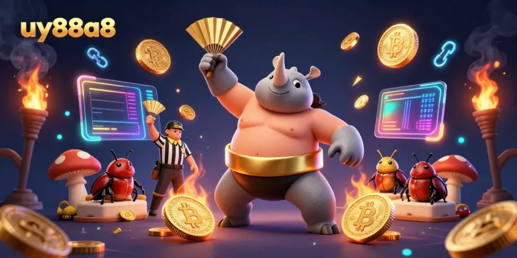 Experience uy88a8 excitement with a vibrant scene of a beetle sumo champion stomping gold coins, embodying the thrill of gaming.