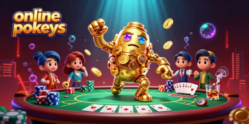 Engage with online pokies showcasing a golden golem amidst a vibrant casino scene full of poker elements.