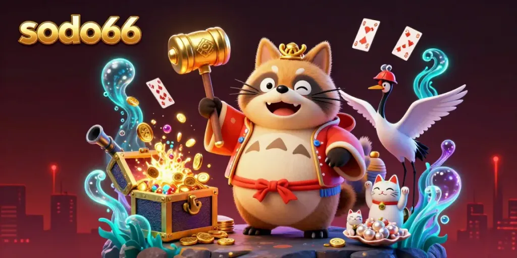 Experience the thrill of sodo66 with vibrant casino elements and cheerful characters in this immersive 3D illustration.