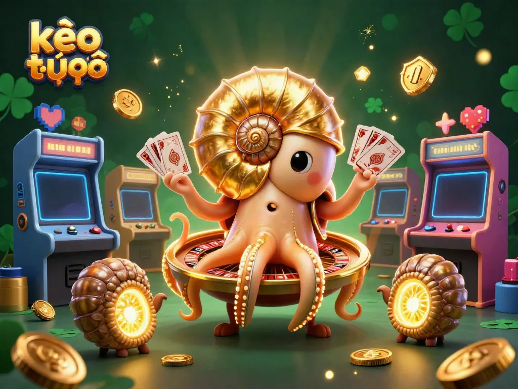 Experience the excitement of kèo trực tuyến with this animated casino scene featuring a giant nautilus and arcade elements.
