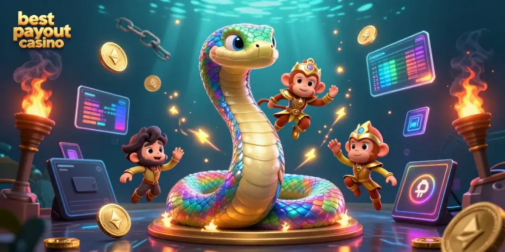 Experience the magic of the best payout casino with vibrant characters and cryptocurrency elements in this dynamic illustration.