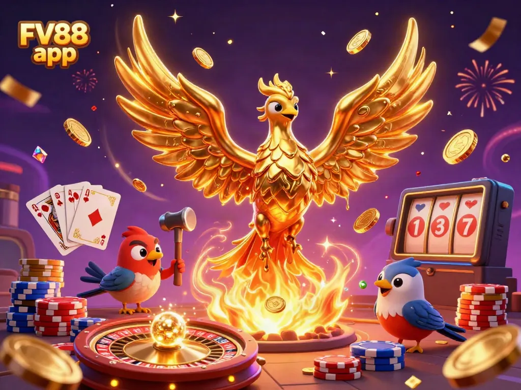 Experience the FV88 app with a rich, dynamic casino scene featuring a golden phoenix, coins, and gaming elements.