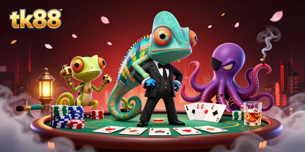tk88 agents engage at a poker table with dynamic colors and vibrant casino elements