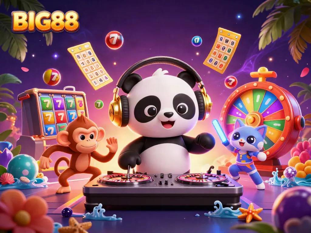 Engage in the vibrant world of BIG88 featuring a DJ panda and dynamic casino elements.