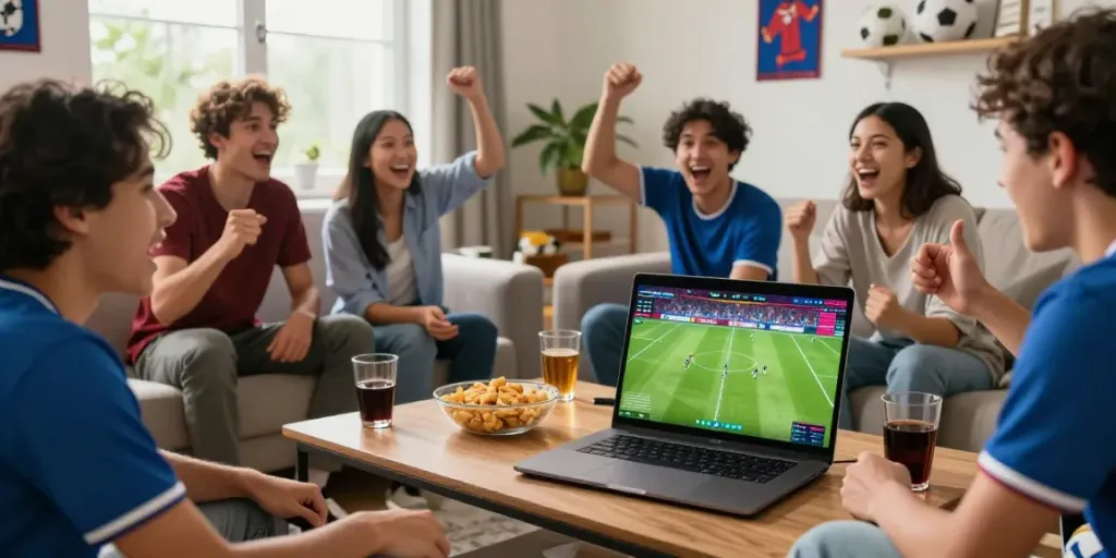 Friends enjoying a live gavangtv football match in a cozy living room.