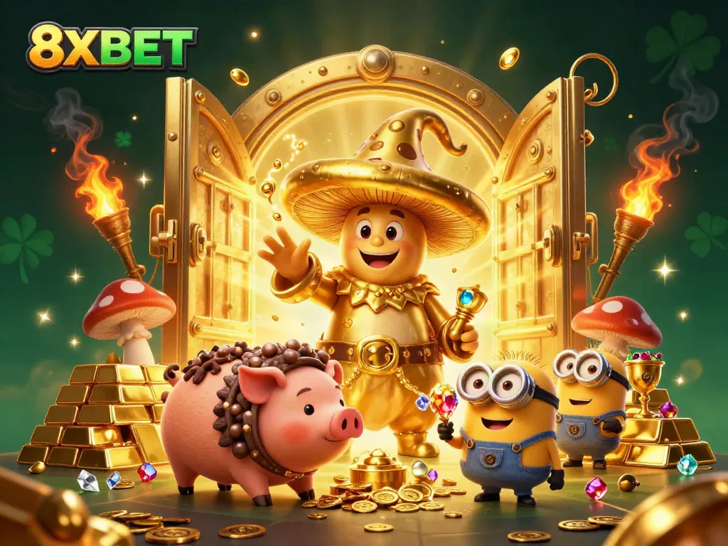 Experience the golden magic of 8XBET with an enchanted wizard and treasure-filled adventure.