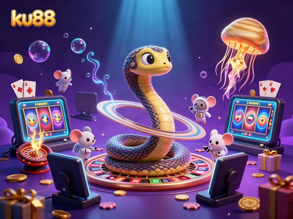 Engage in thrilling bets at ku88 with a cosmic casino atmosphere featuring a Saturn snake roulette and vibrant gaming elements.