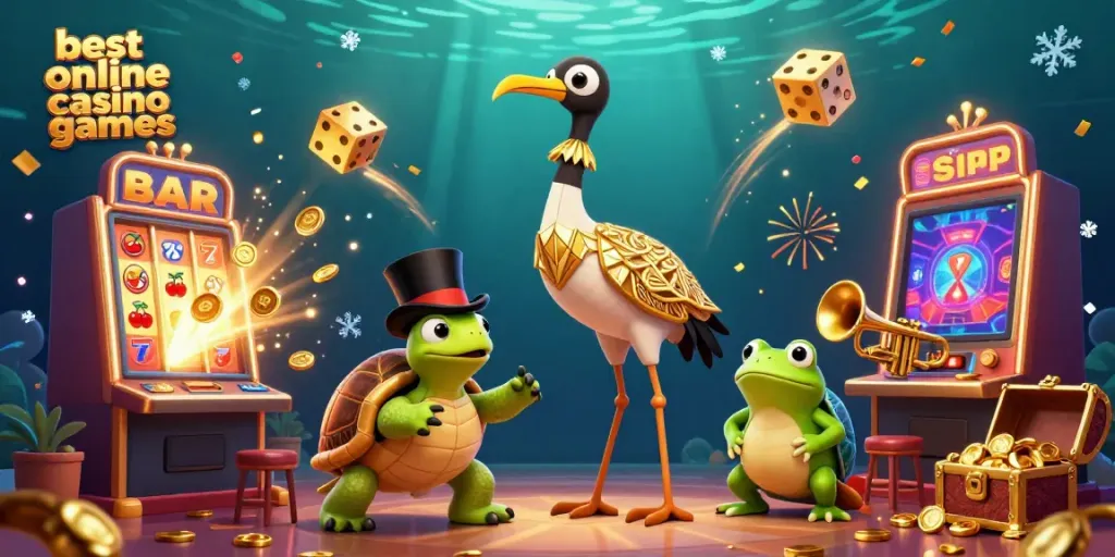 Experience the best online casino games with a vibrant scene featuring a flapper crane, turtle, and frog amidst slot machines and gold.