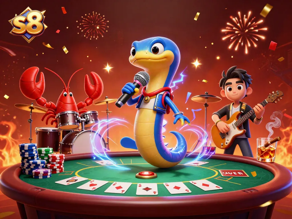 Experience s8's thrilling casino action with an electric eel DJ surrounded by poker chips and cards.