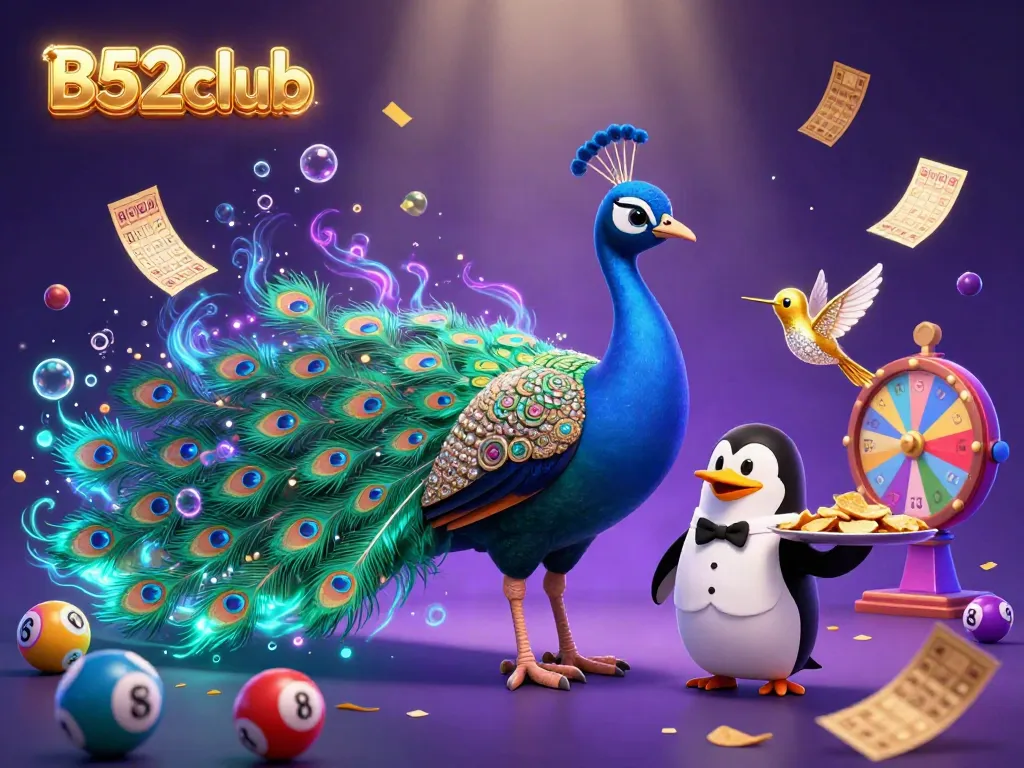 Experience the vibrant action of B52club with dazzling characters and exciting game elements in this energetic illustration.
