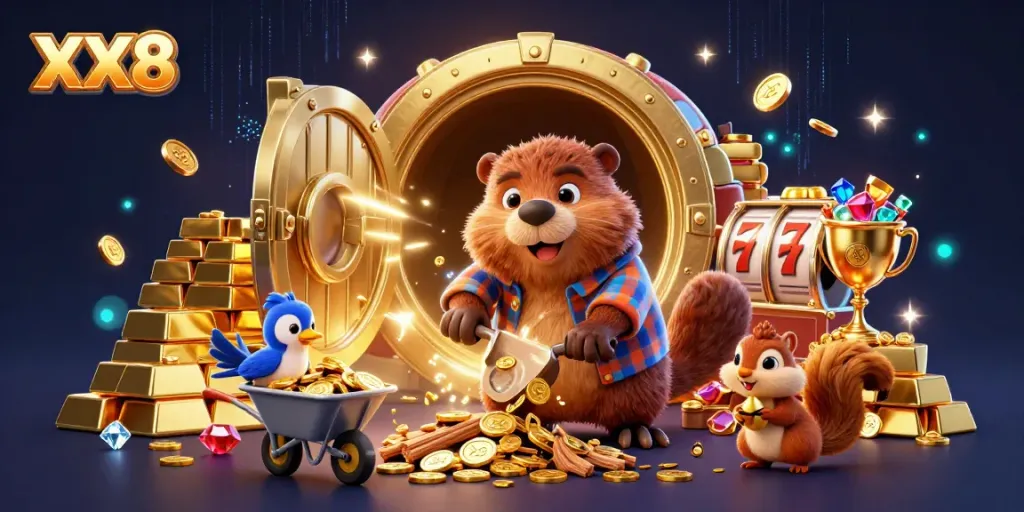 Engaging cartoon scene with XX8 branding featuring a lumberjack beaver, bird, and squirrel amidst high-stakes gambling elements.